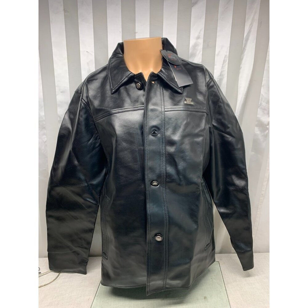 New R Rosso Black & Gold Leather Jacket Black Collard Button Up XL NWT Italy